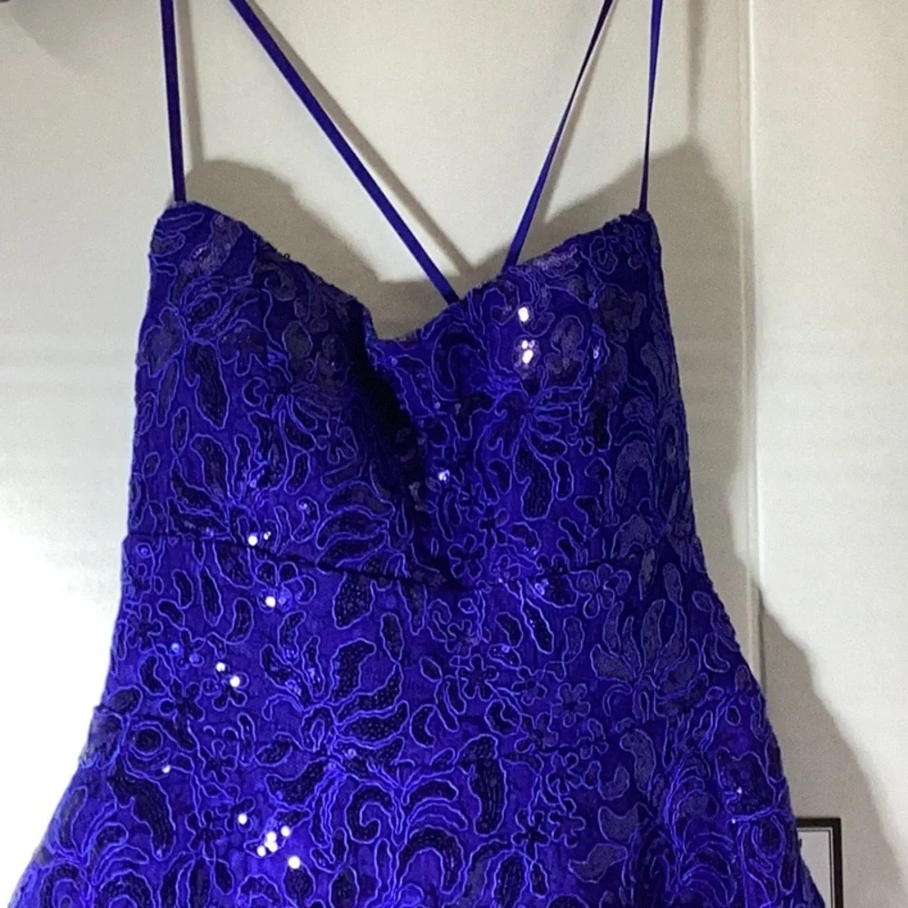 Embroidered Sequin Square Neck Spaghetti Strap Criss Cross Back Fit & Flare - Picture 6 of 10